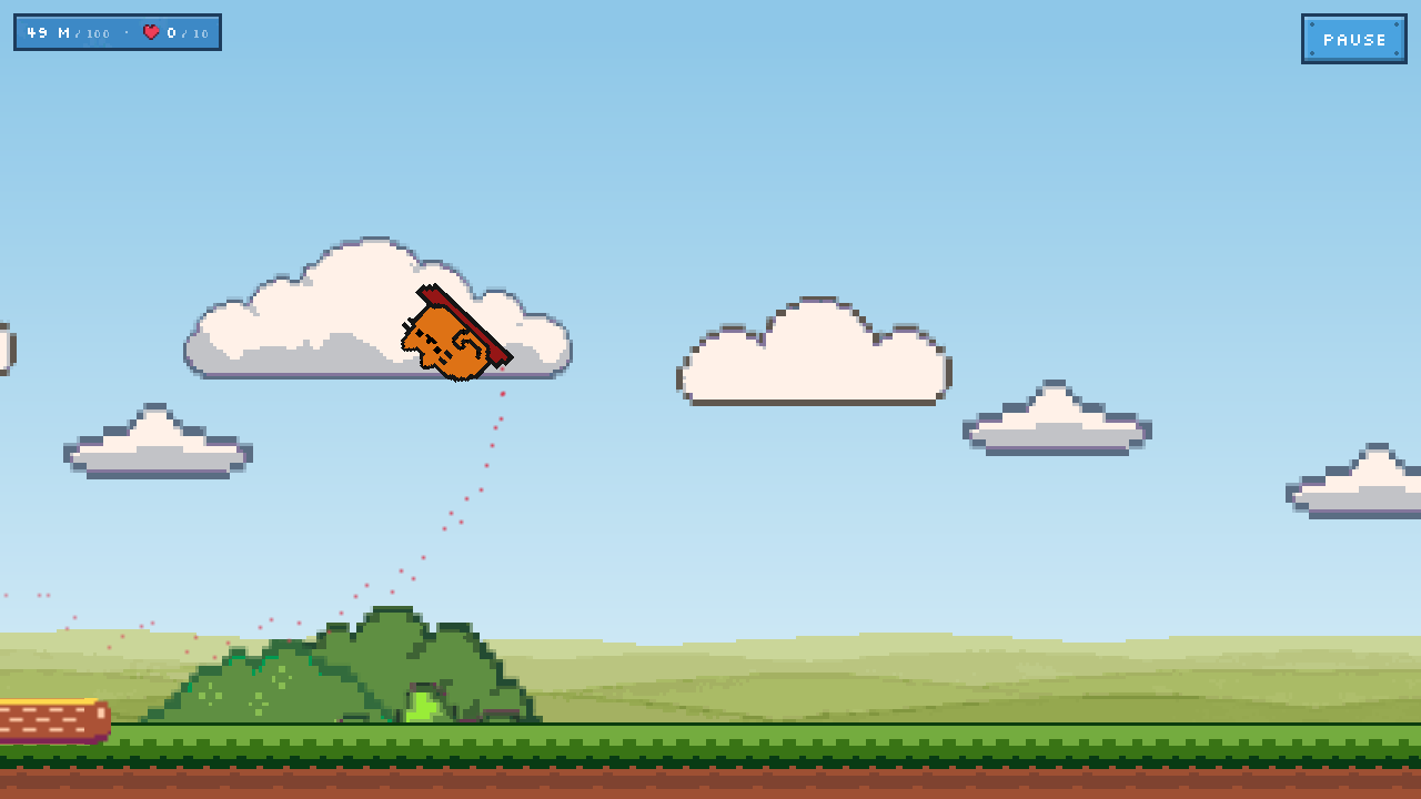 Nine Lives gameplay: the cat flying on a carpet through clouds, leaving a dotted trail